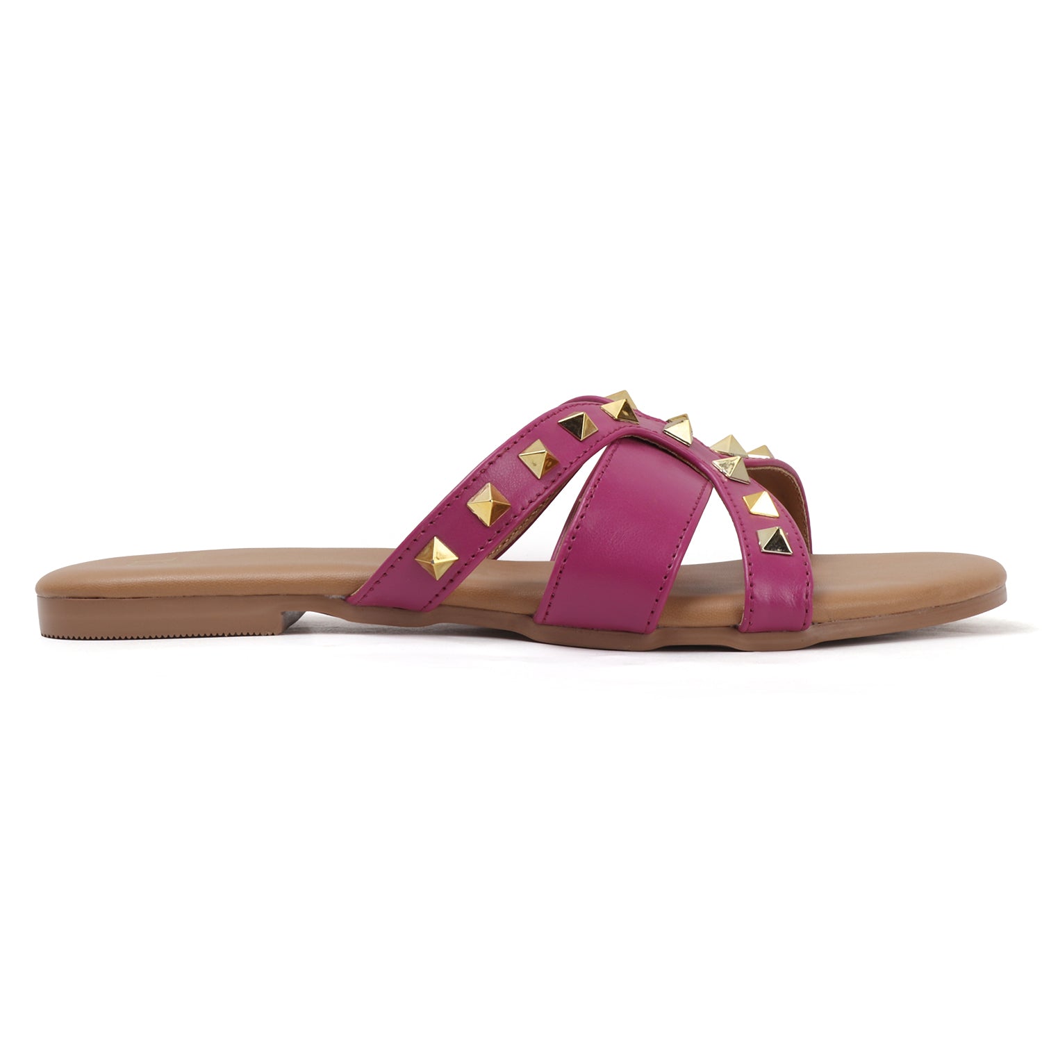 Flat Cross-Strap Women Sandal with Gold Pyramid Studs