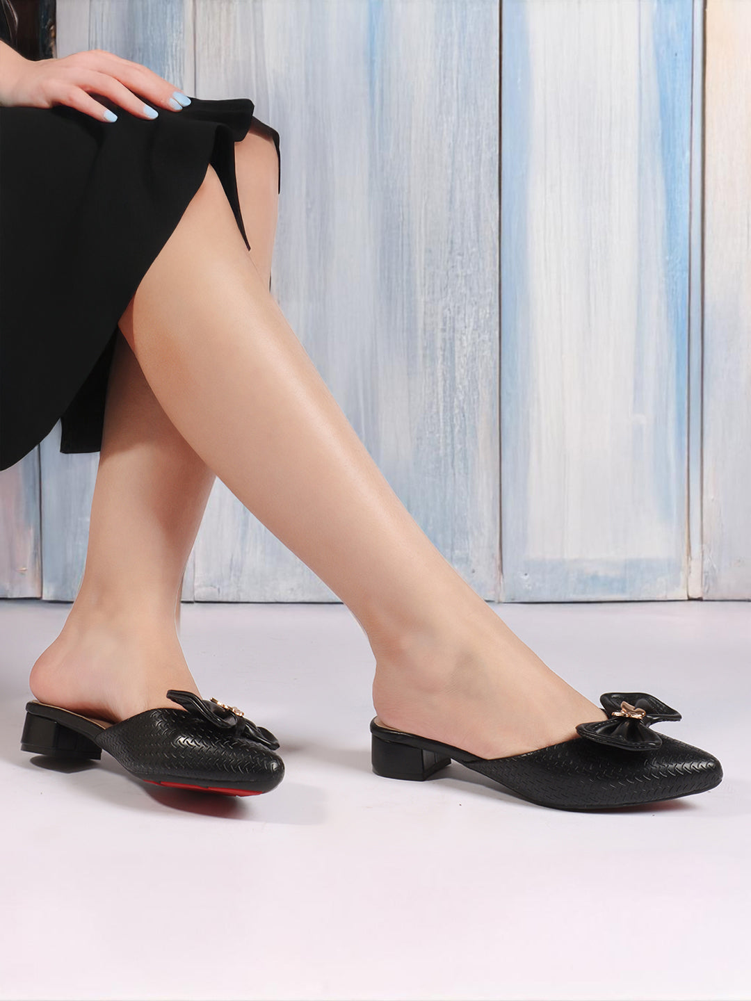 Elegant Textured Mules with Bow and Block Heel