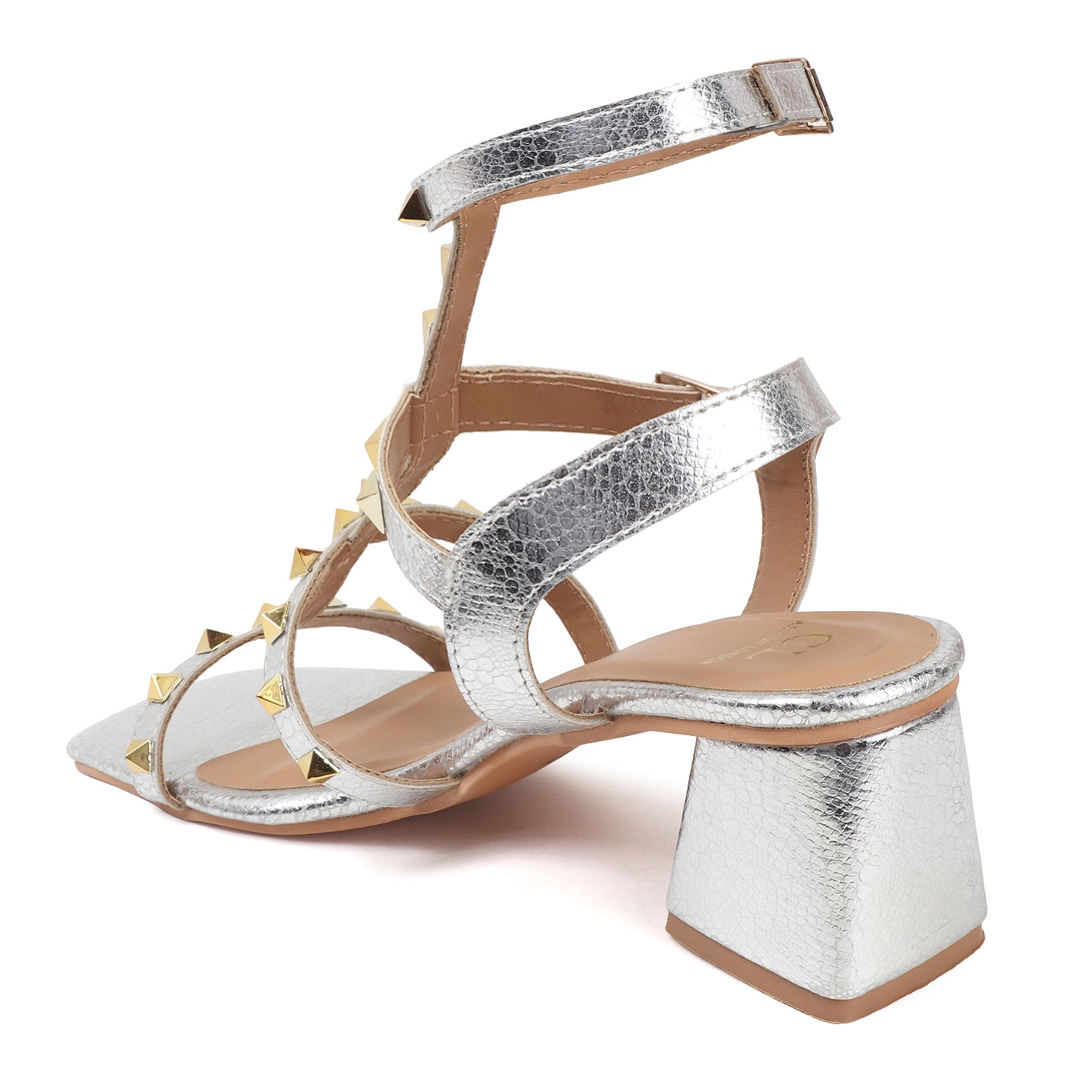 Metallic Gold Studded Block Heel Sandal with Ankle Strap
