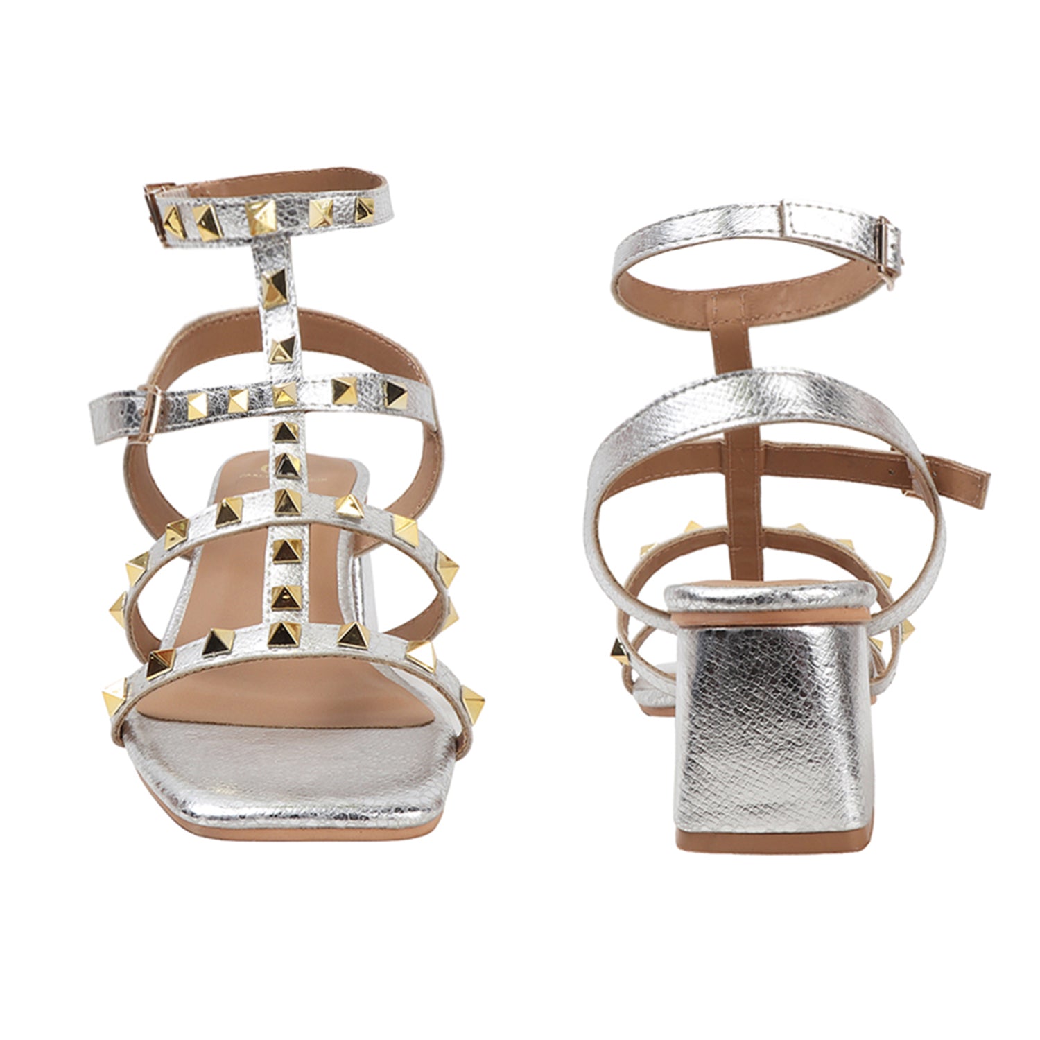 Metallic Gold Studded Block Heel Sandal with Ankle Strap
