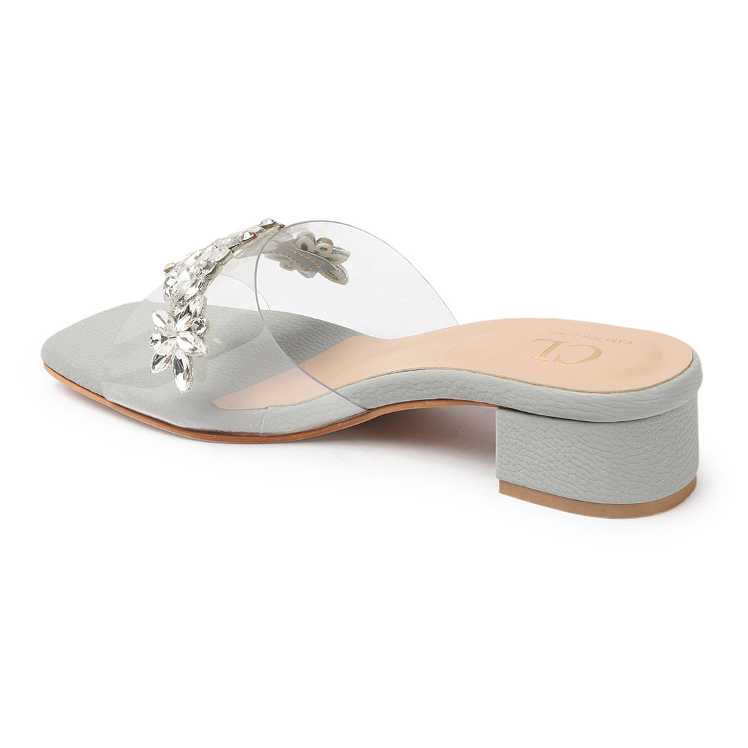 Women Embellished Block Heels Transparent Sandals