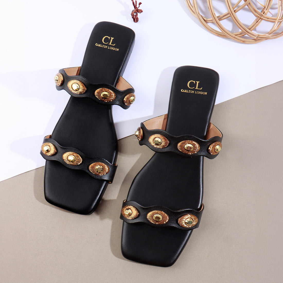 Flat Slide Sandals with Gold Medallion Embellishments