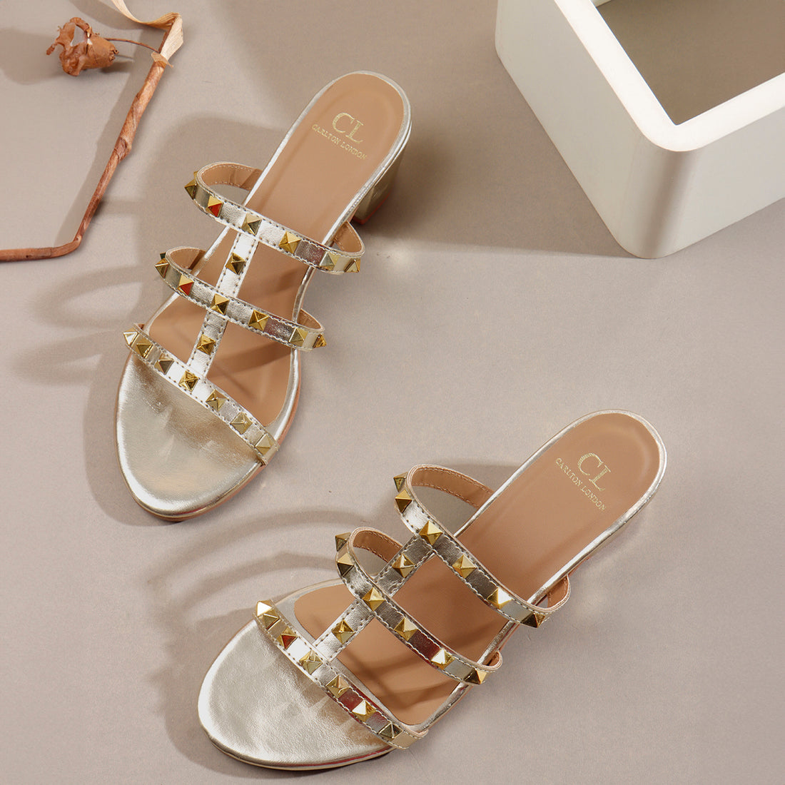 Metallic Gold Studded Triple-Strap Block Heel Sandals