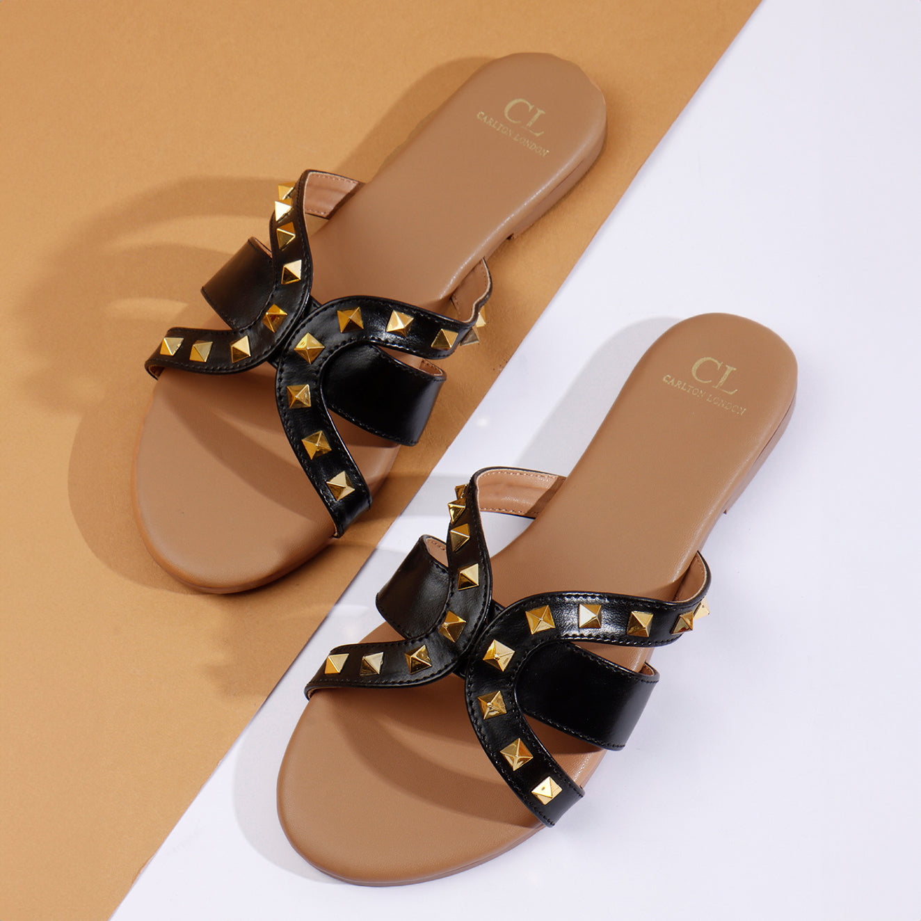 Flat Cross-Strap Women Sandal with Gold Pyramid Studs