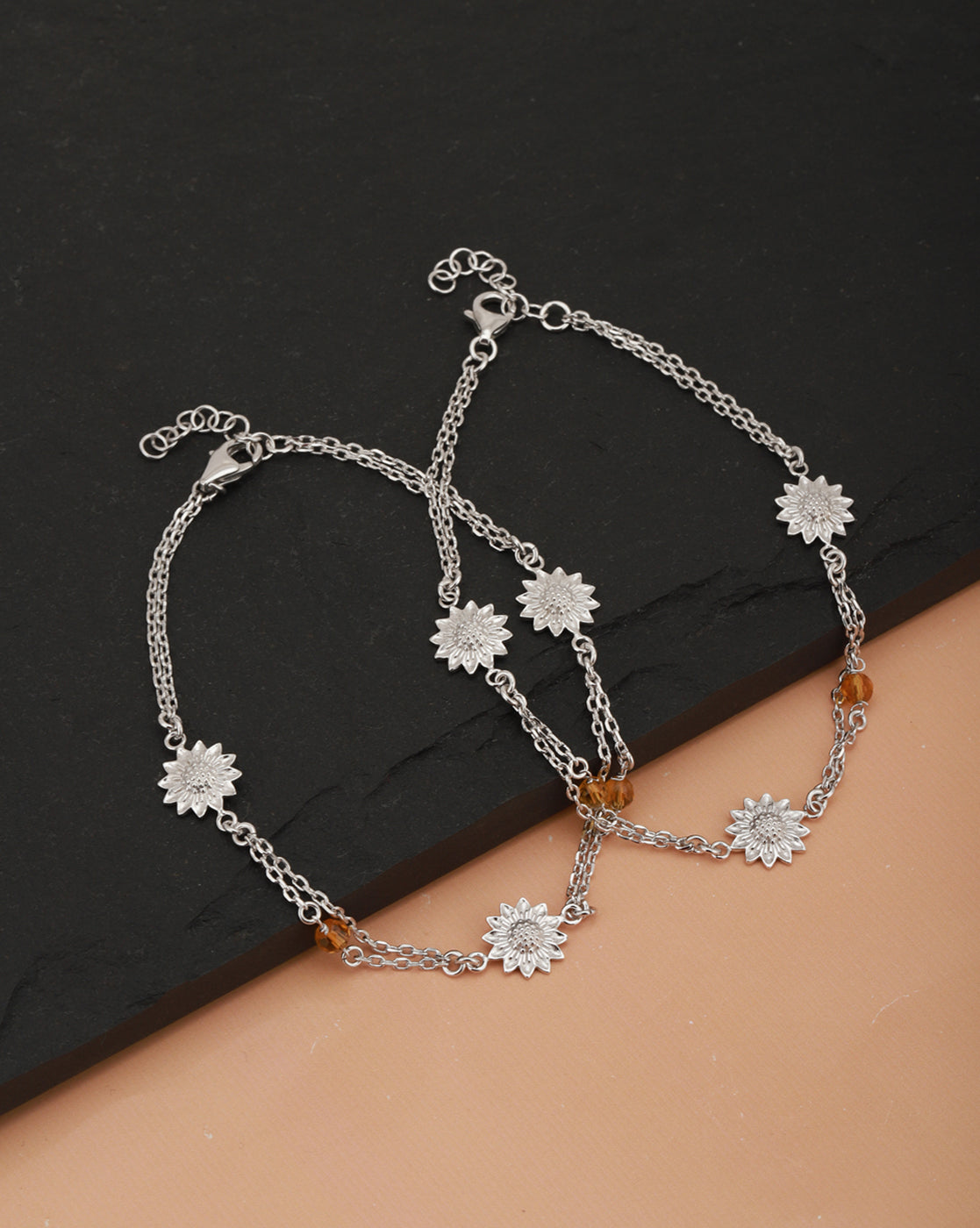 Carlton London -Set Of 2 Rhodium-Plated Silver Toned Yellow Beaded Floral-Shape Anklets For Women