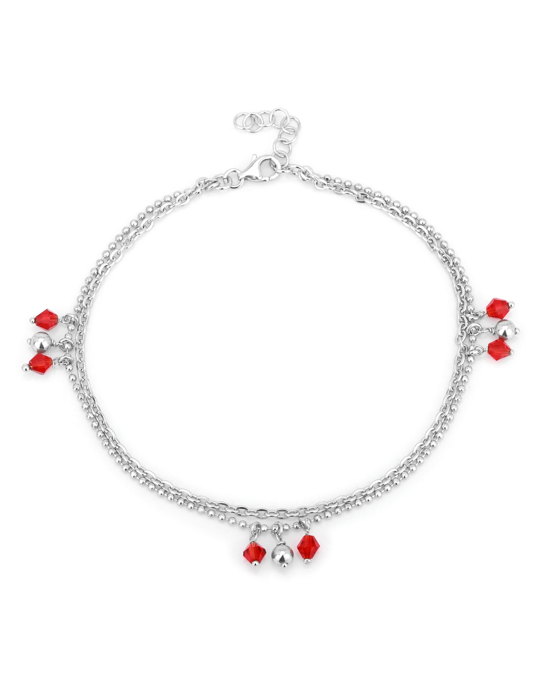 Carlton London -Set Of 2 Rhodium-Plated Silver Toned Red & Silver Link Beaded Layered Anklets For Women