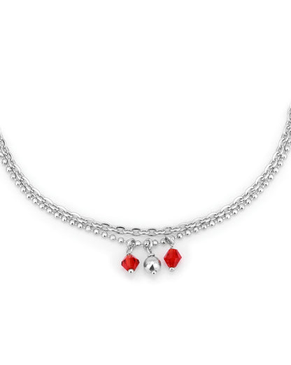 Carlton London -Set Of 2 Rhodium-Plated Silver Toned Red &amp; Silver Link Beaded Layered Anklets For Women