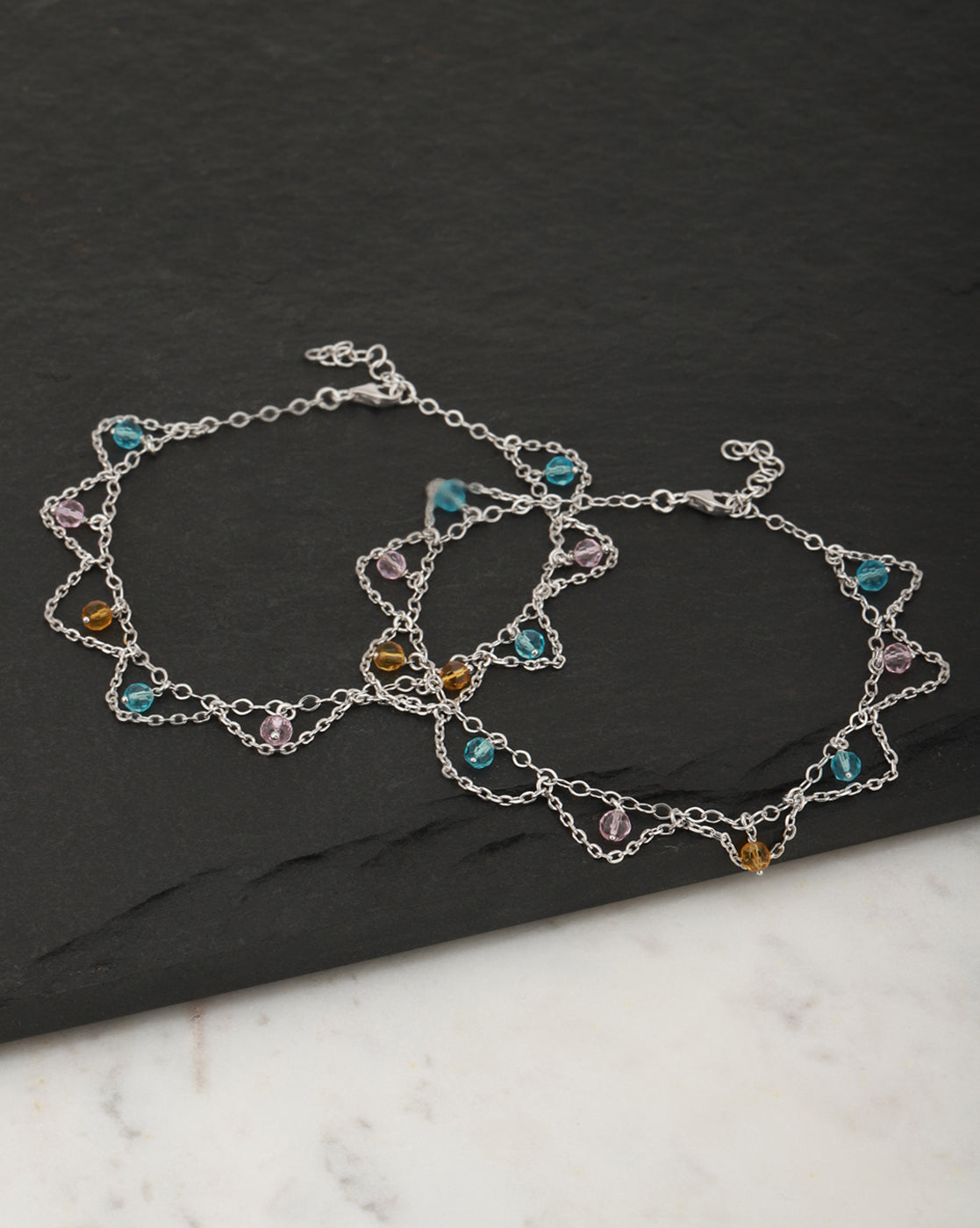 Carlton London -Set Of 2 Rhodium-Plated Silver Toned Multi Beaded Layered Anklets For Women