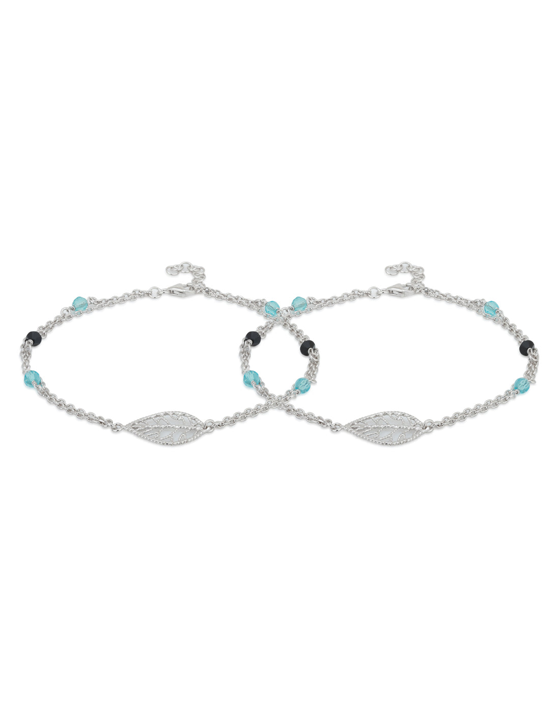 Carlton London -Set Of 2 Rhodium-Plated Silver Toned Black &amp; Blue Beaded Leaf Shape Layered Anklets For Women