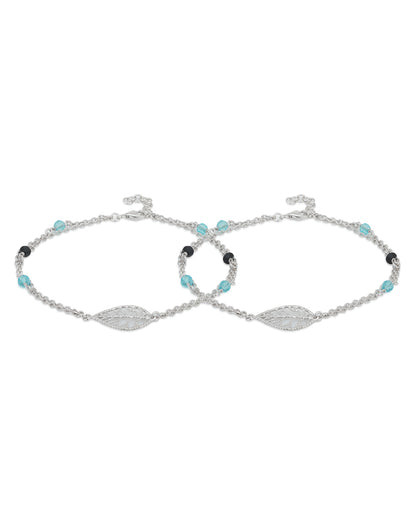 Carlton London -Set Of 2 Rhodium-Plated Silver Toned Black &amp; Blue Beaded Leaf Shape Layered Anklets For Women