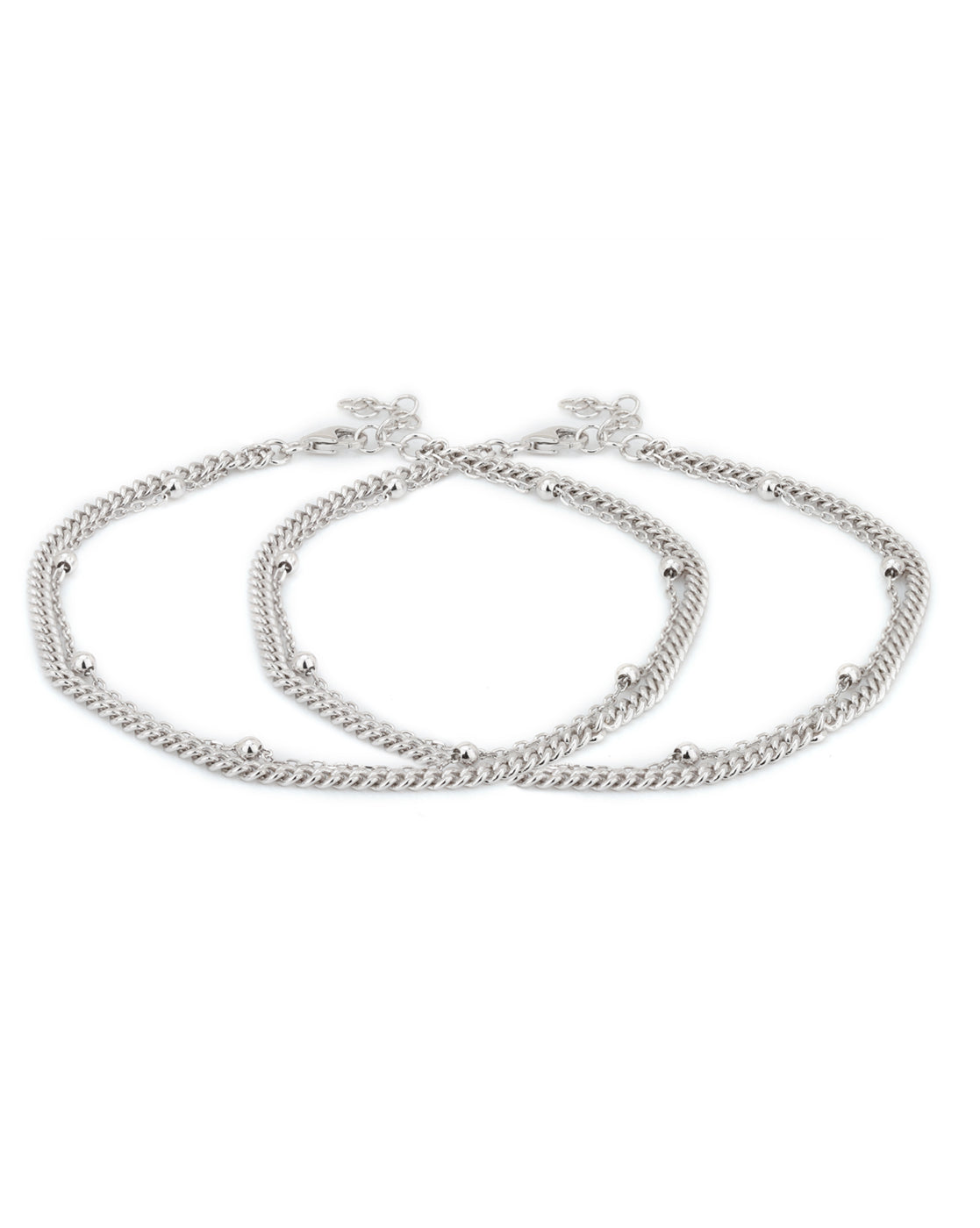Carlton London -Set Of 2 Rhodium-Plated Silver Toned Silver Beaded Layered Anklets For Women