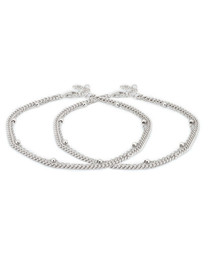 Carlton London -Set Of 2 Rhodium-Plated Silver Toned Silver Beaded Layered Anklets For Women