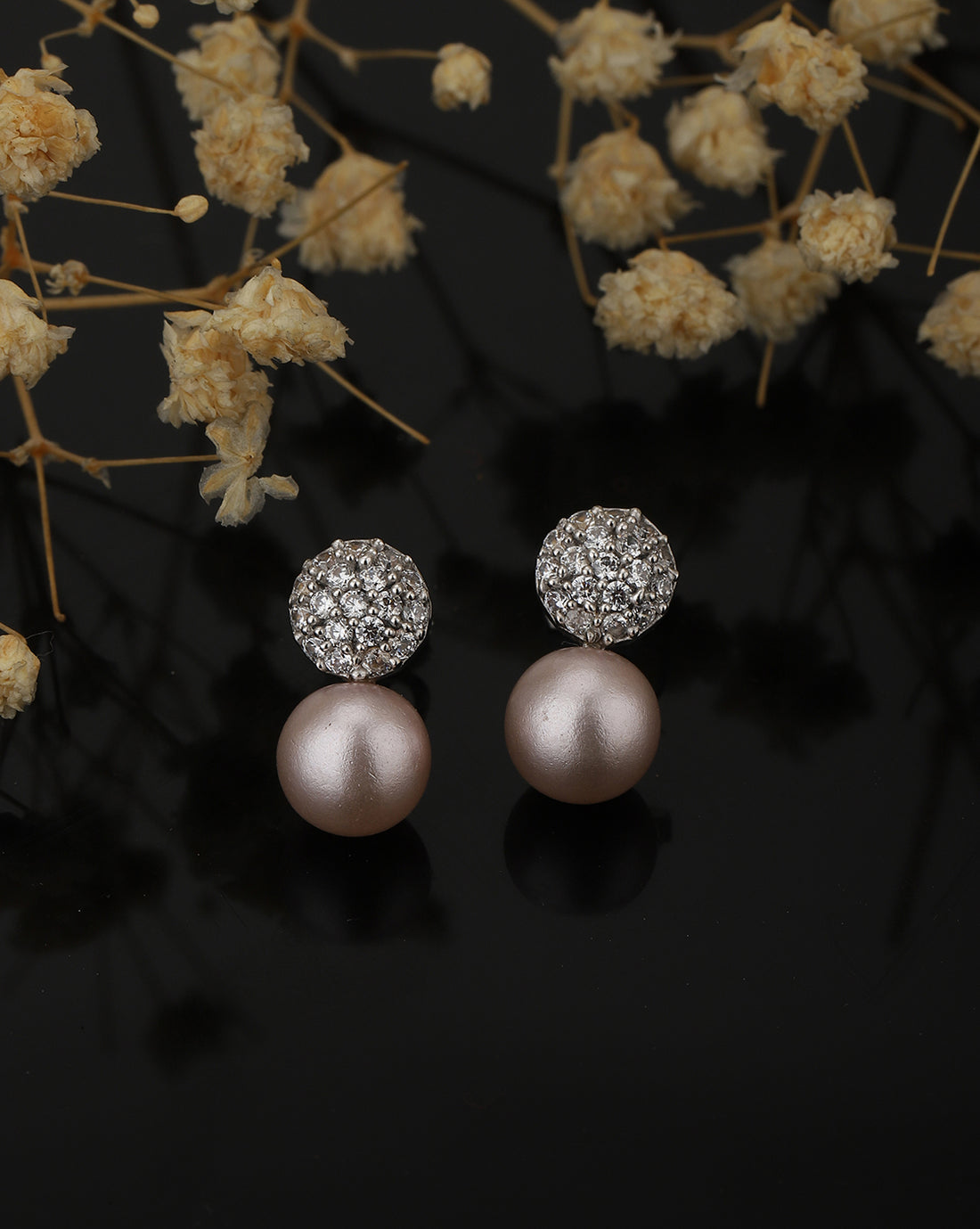 Carlton London Rhodium Plated Cz Silver Pearl Spherical Stud Earring For Women