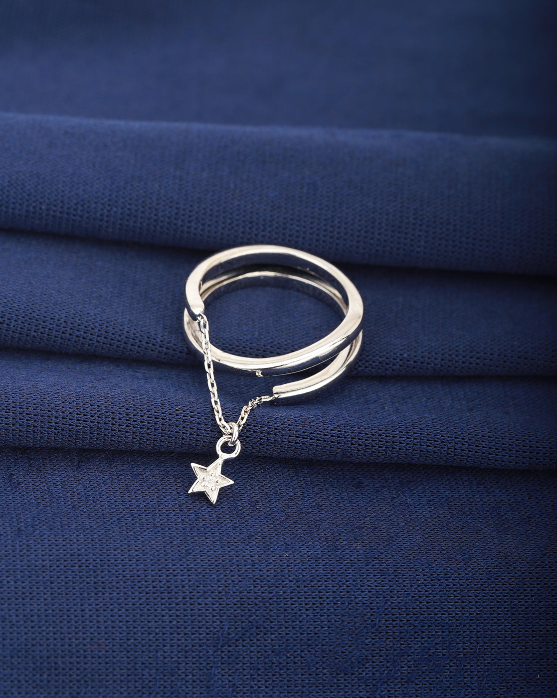 Carlton London Rhodium Plated Silver Toned Cz Studded With Dangling Star Adjustable Finger Ring For Women