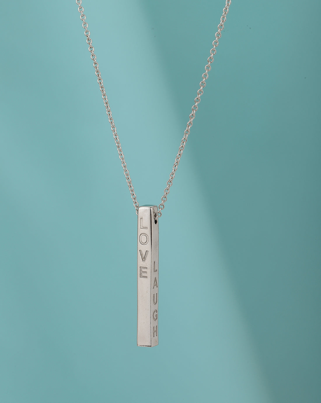 Carlton London Dangling Bar With Ingrave Text Pendant With Chain And Rhodium Plated
