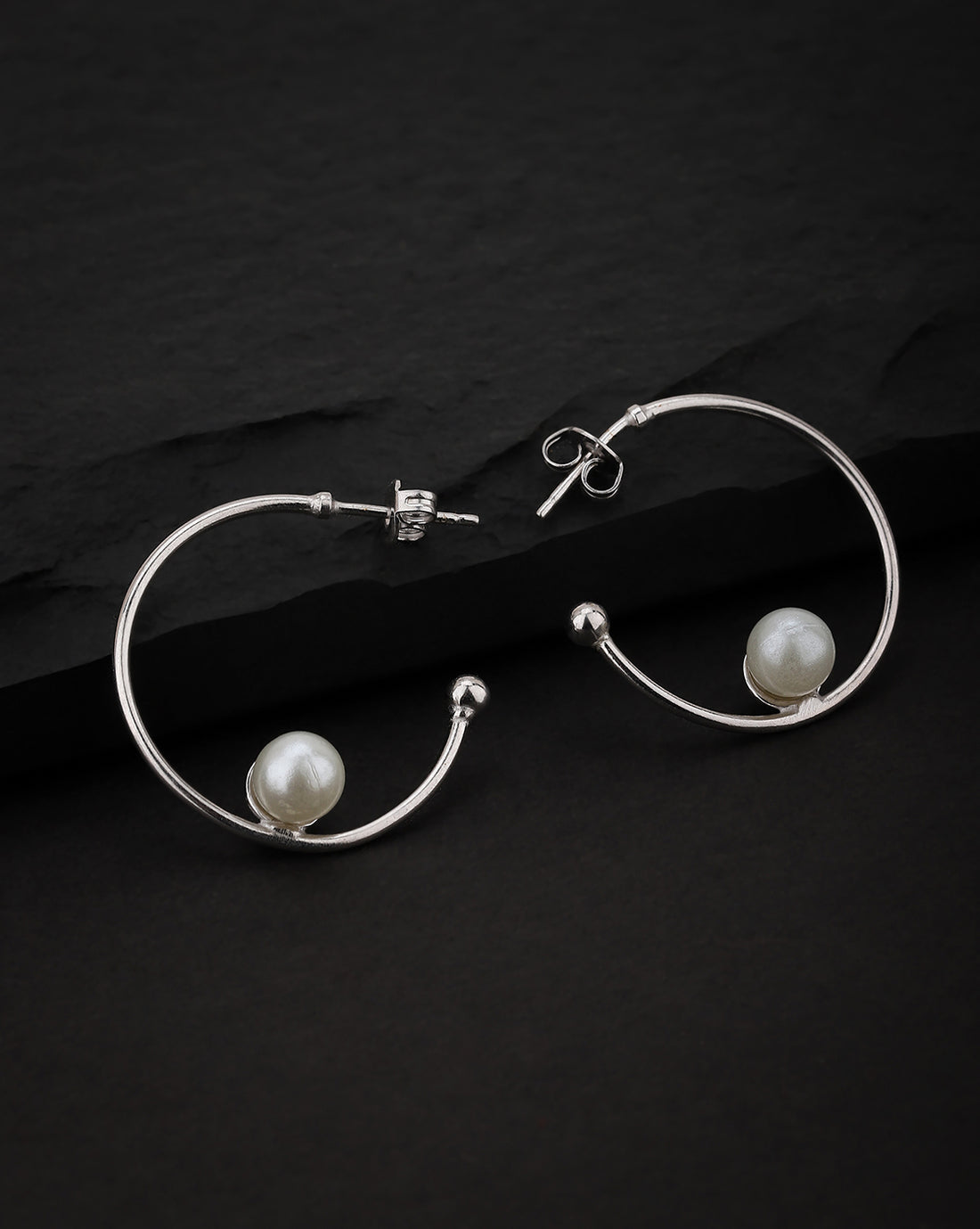 Carlton London Rhodium Plated Off White Pearl Half Hoop Earring For Women