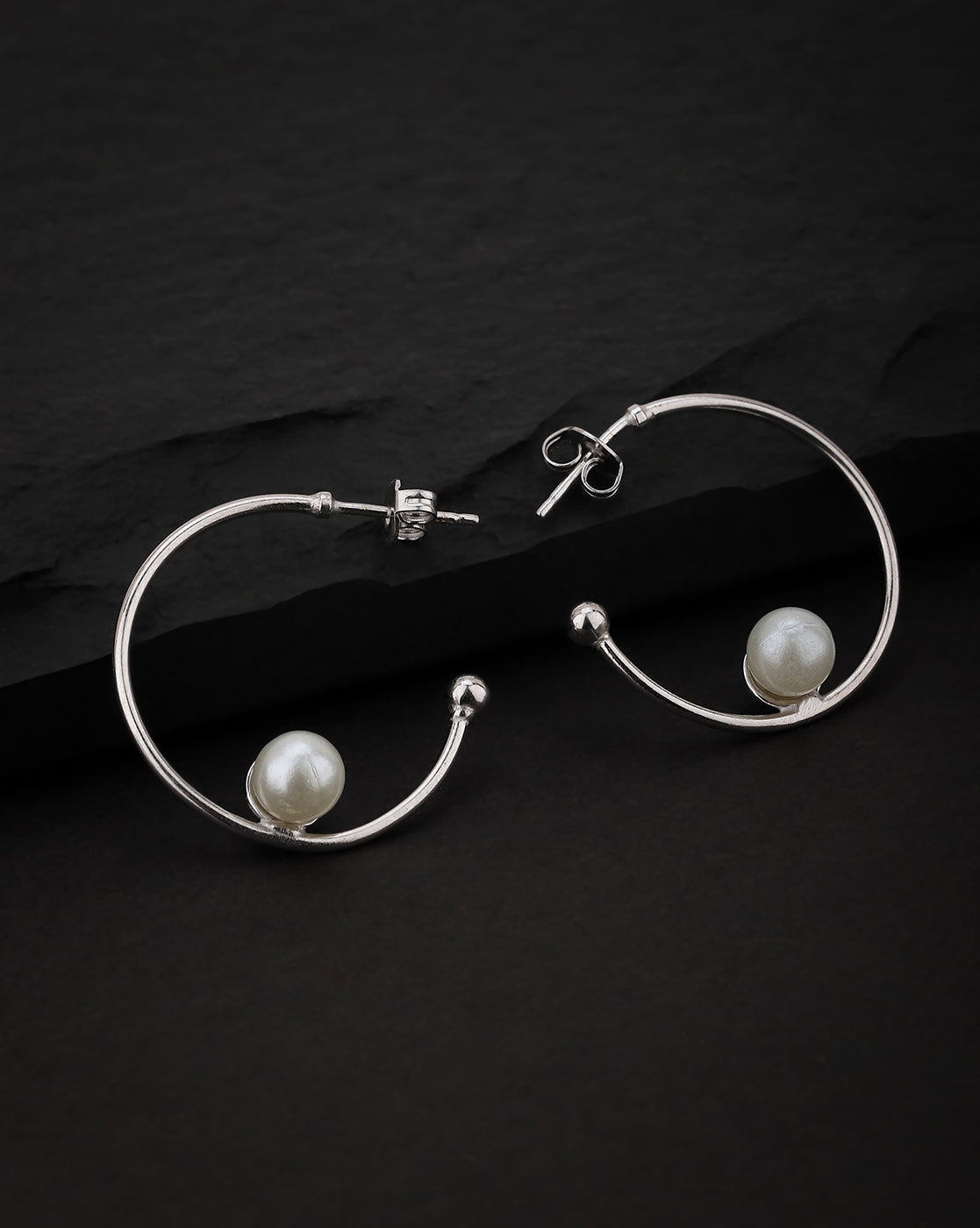 Carlton London Rhodium Plated Off White Pearl Half Hoop Earring For Women
