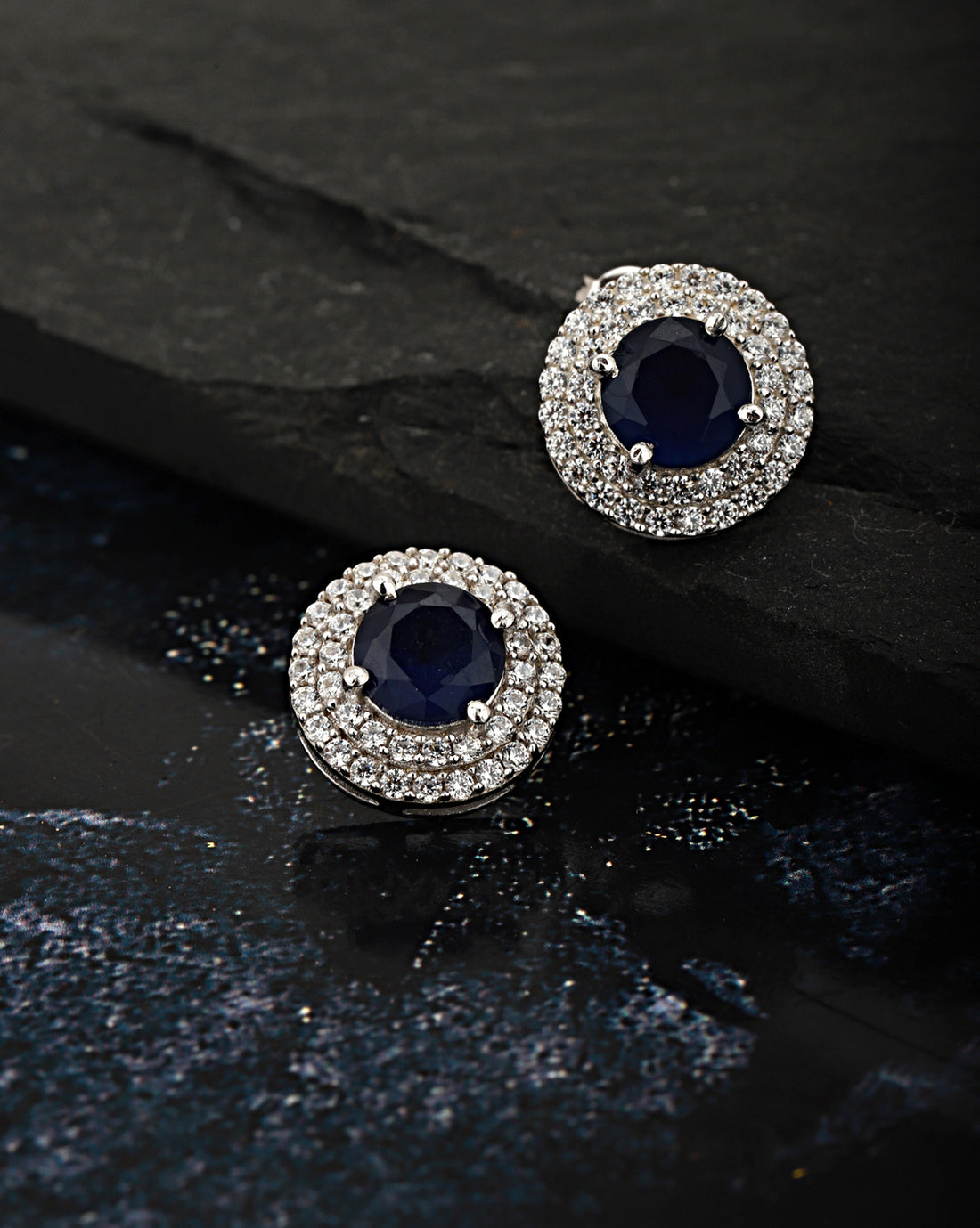 Carlton London Rhodium Plated Navy Blue Stone Circular Stud Earring For Women