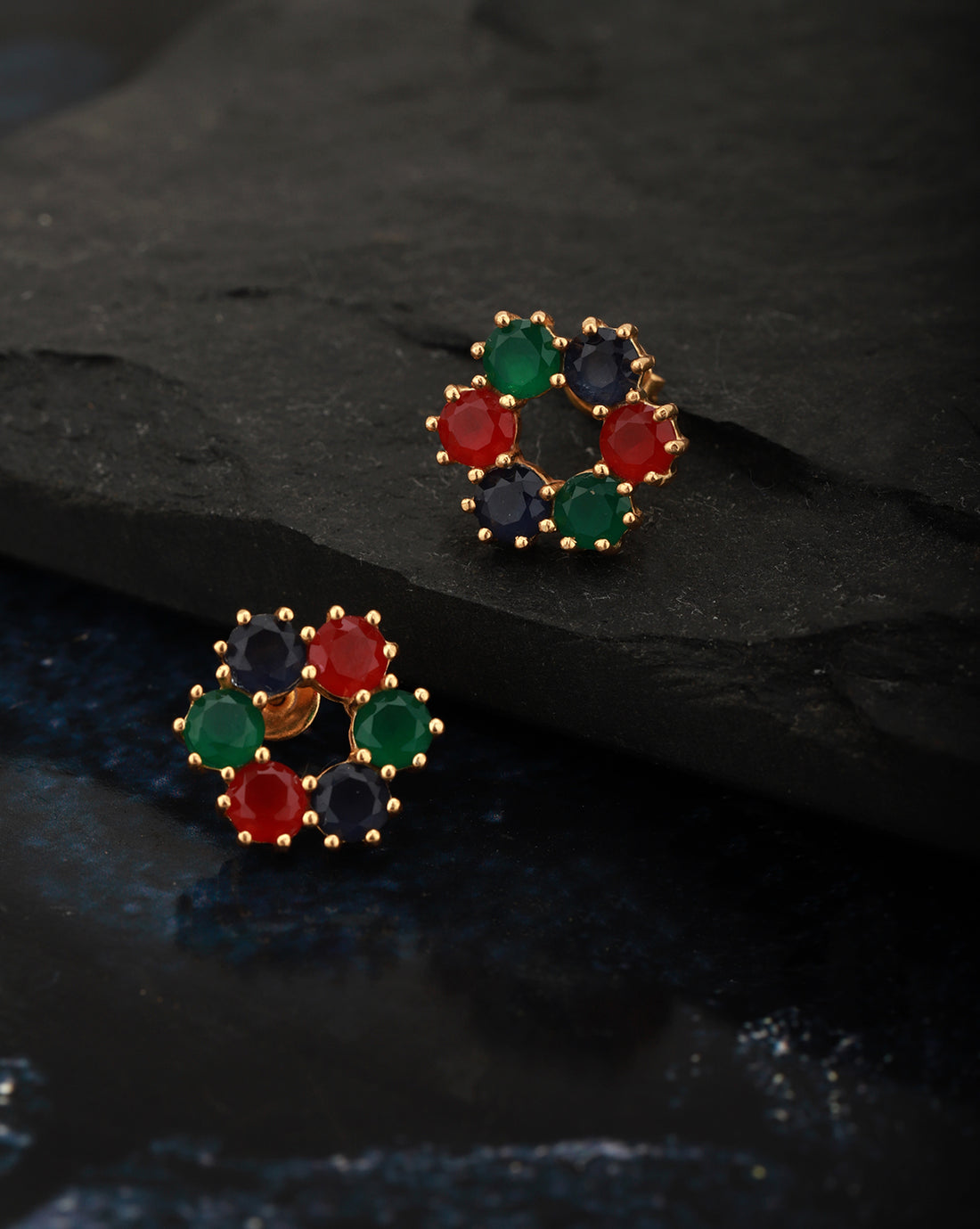 Carlton London Gold Plated Green With Navy Blue Cz Floral Stud Earring For Women