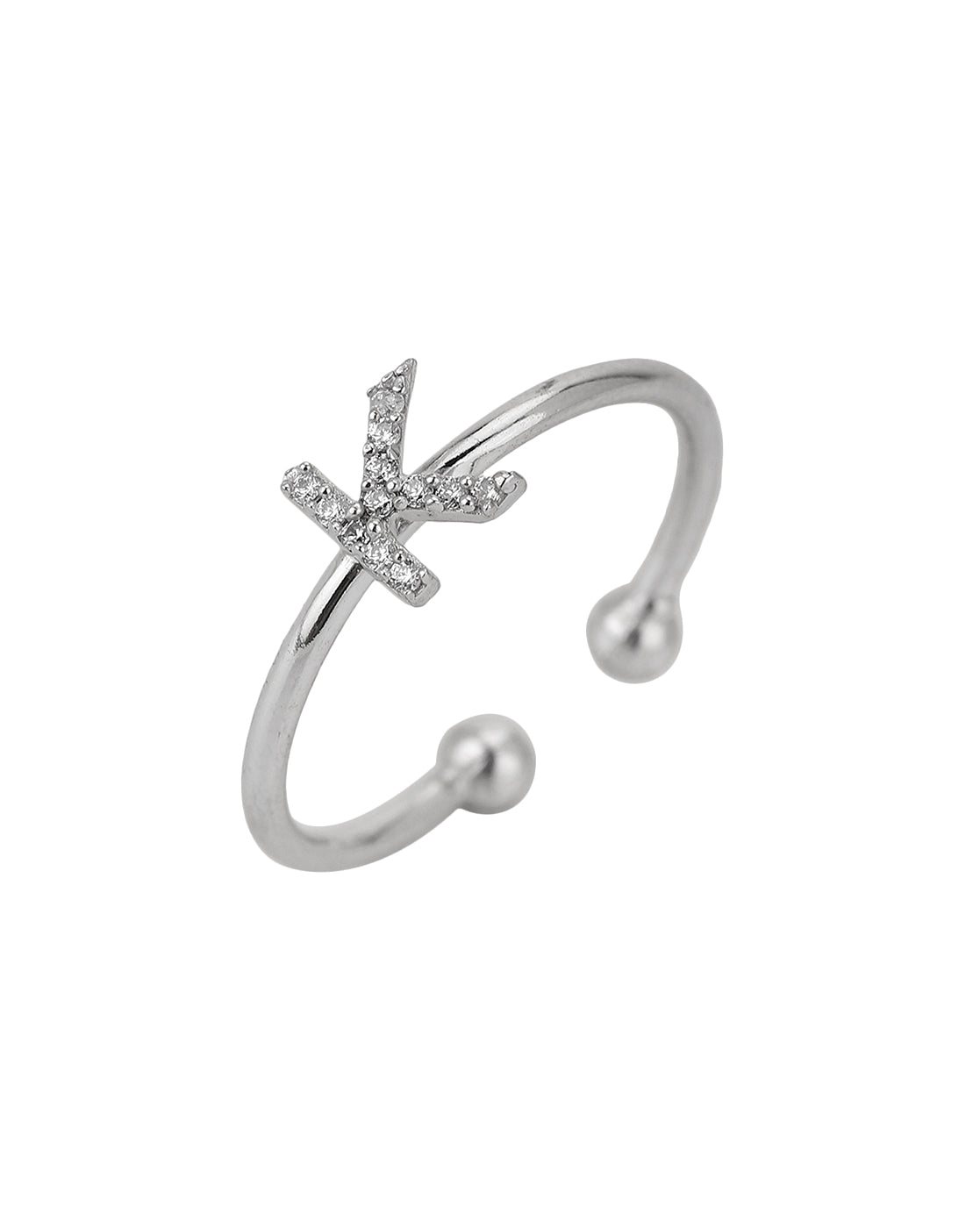 Carlton London Rhodium Plated Silver Toned &quot;K&quot; Shape Cz Studded Adjustable Finger Ring For Women