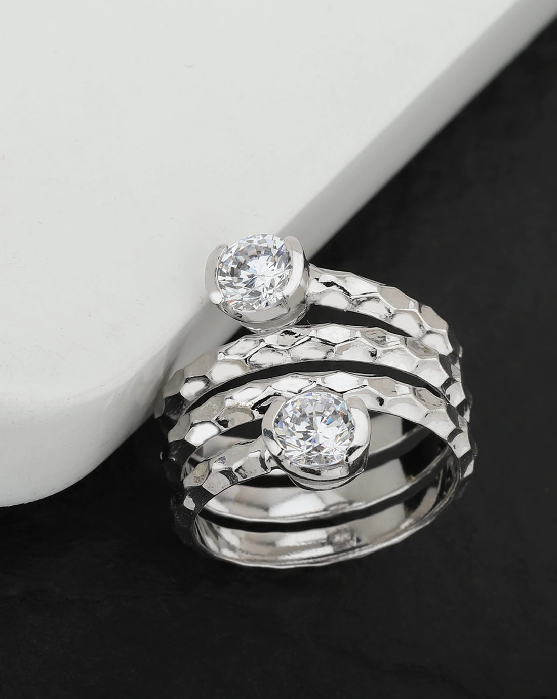 Carlton London Rhodium Plated Silver Toned Cz Stone Studded Adjustable Contemporary Finger Ring For Women