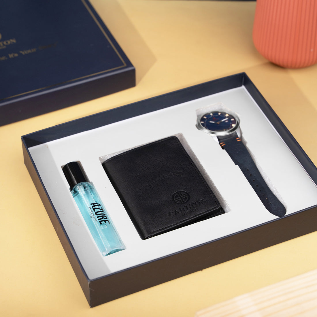 Men Gift Set of 3 Azure Perfume(15ml) Black Dial Watch + Card Holder CLPLG049