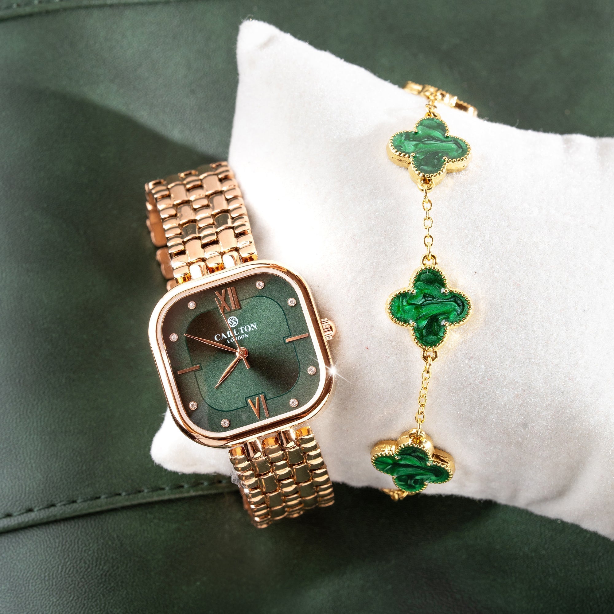 Women Gift Set Of 2: Rose Gold/Green Chelsea Watch + Bracelet CLPLG053