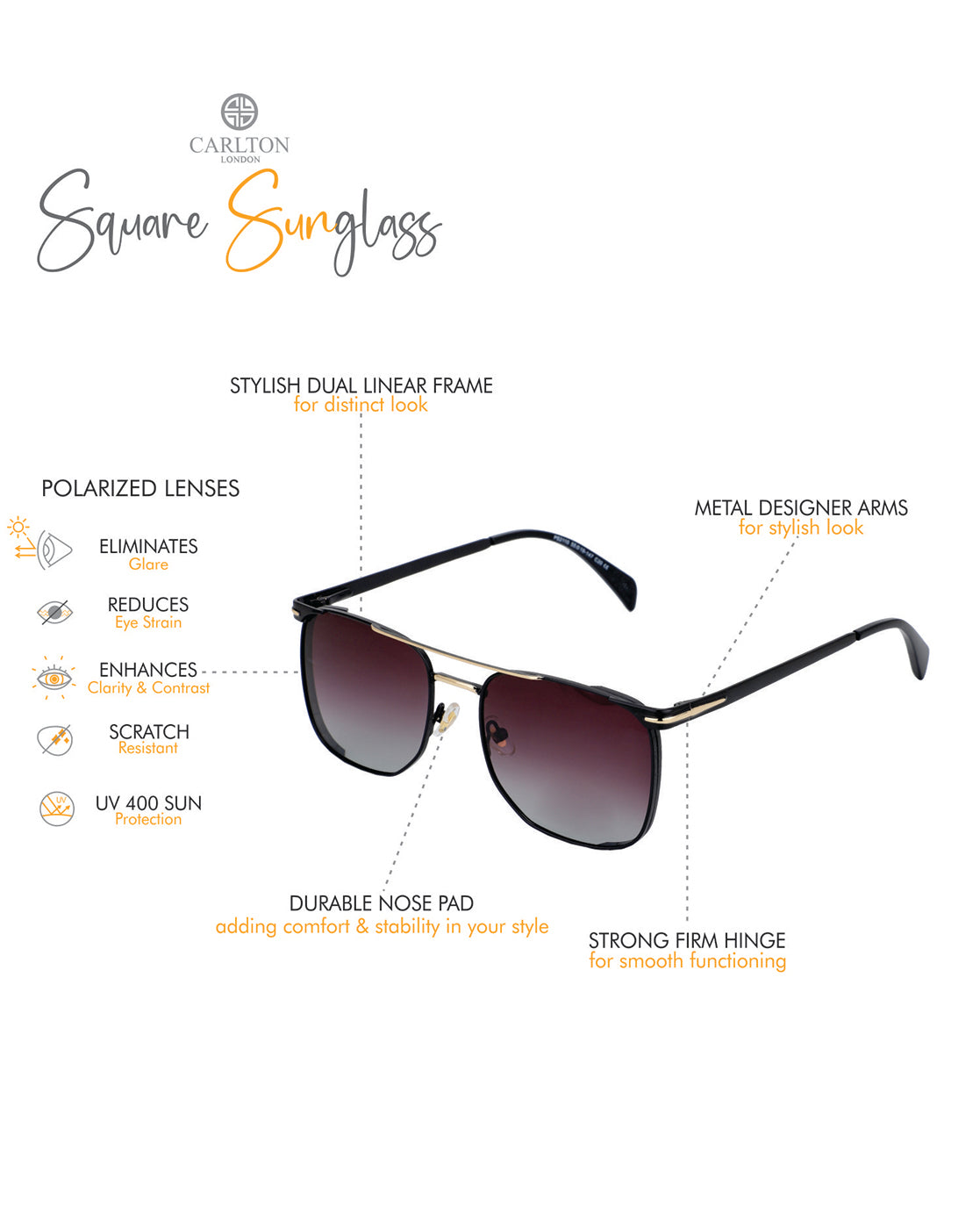 Premium Black with Gold Toned & Polarised Lens Square Sunglass for men