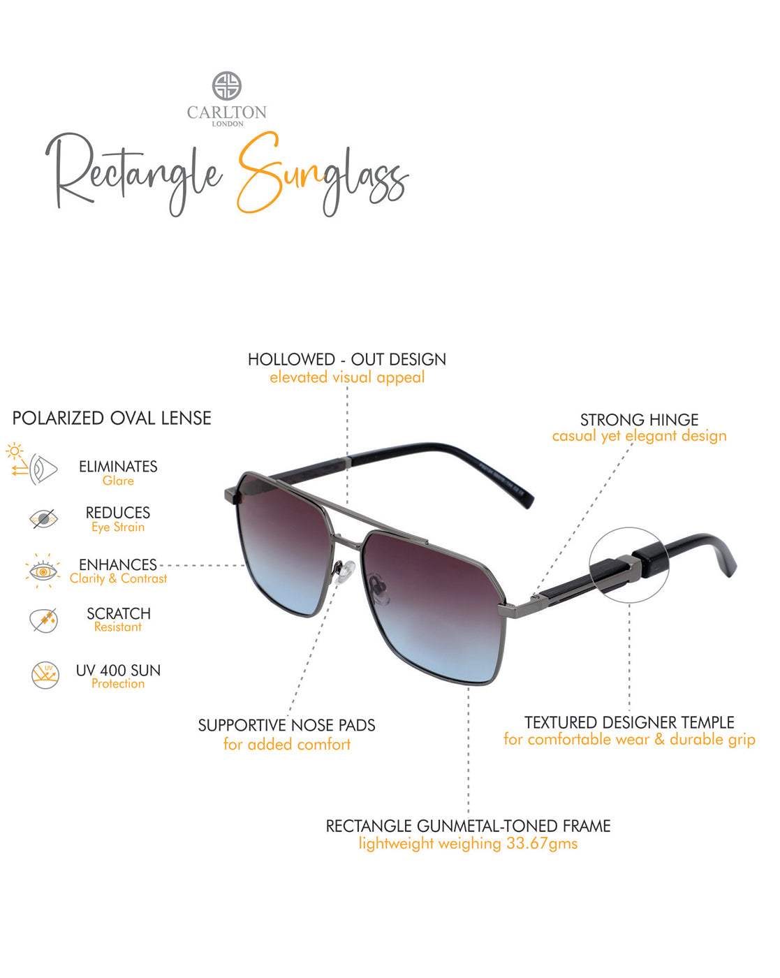 Premium Metallic with Black Toned & Polarised Lens Rectangle Sunglass for men