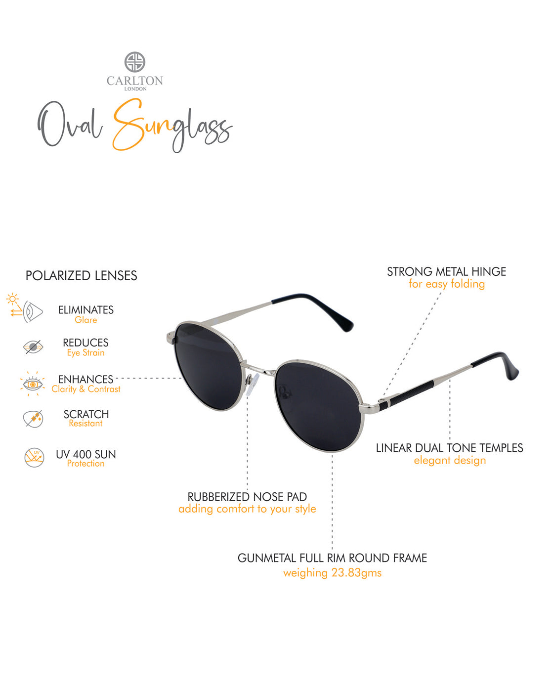Premium Silver with Black Toned & Polarised Lens Oval Sunglass for unisex