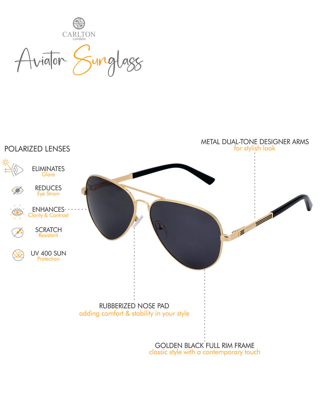 Premium Gold with Black Toned & Polarised Lens Aviator Sunglass for men