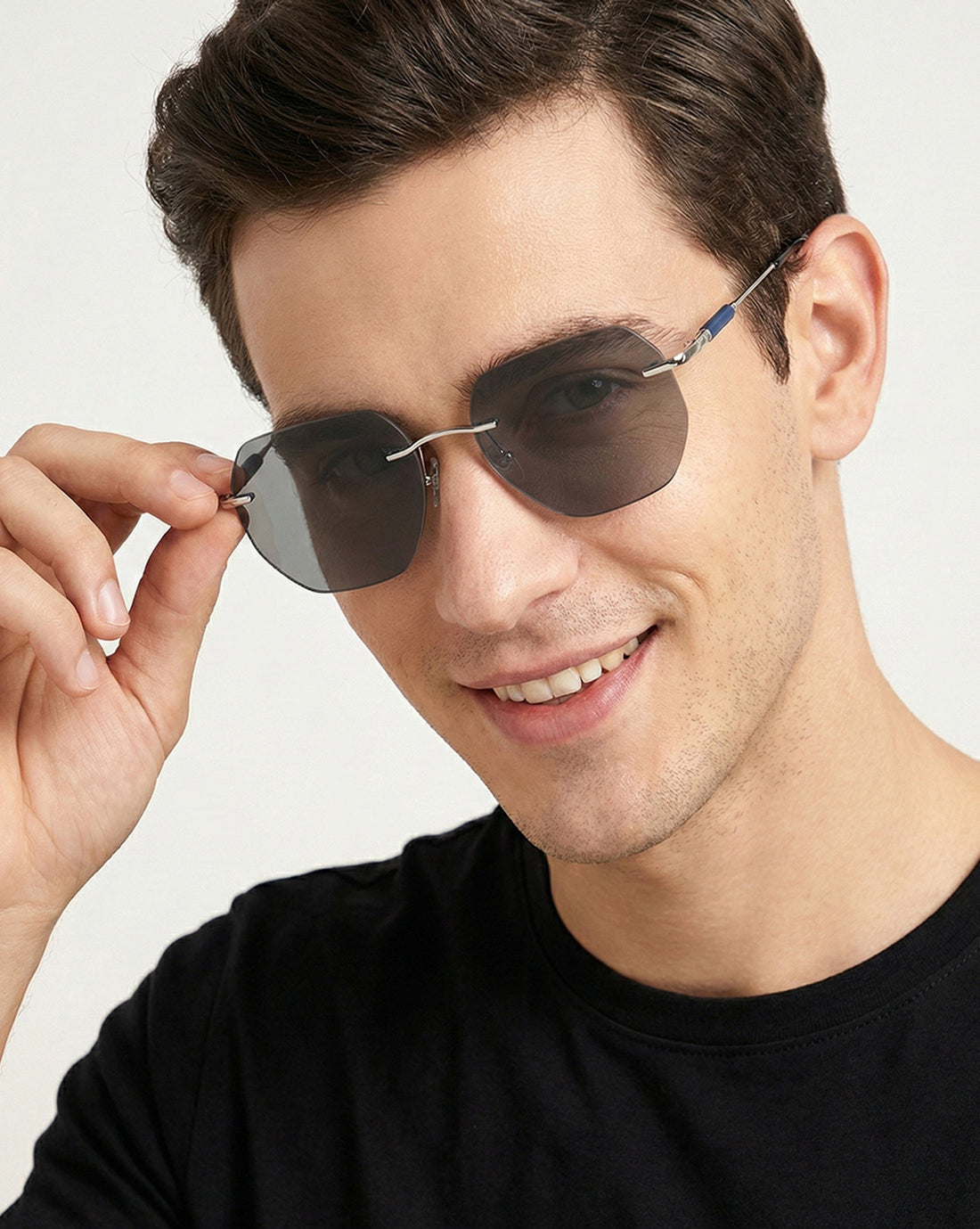 Men Premium Polarised UV Protected Blue Lens Silver Toned Rimless Sunglasses