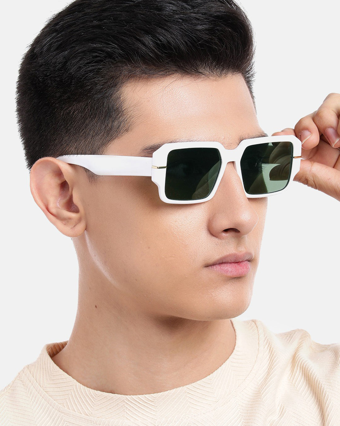 White with Gold Toned and Green UV Protected Lens Wayfarer Sunglass for unisex