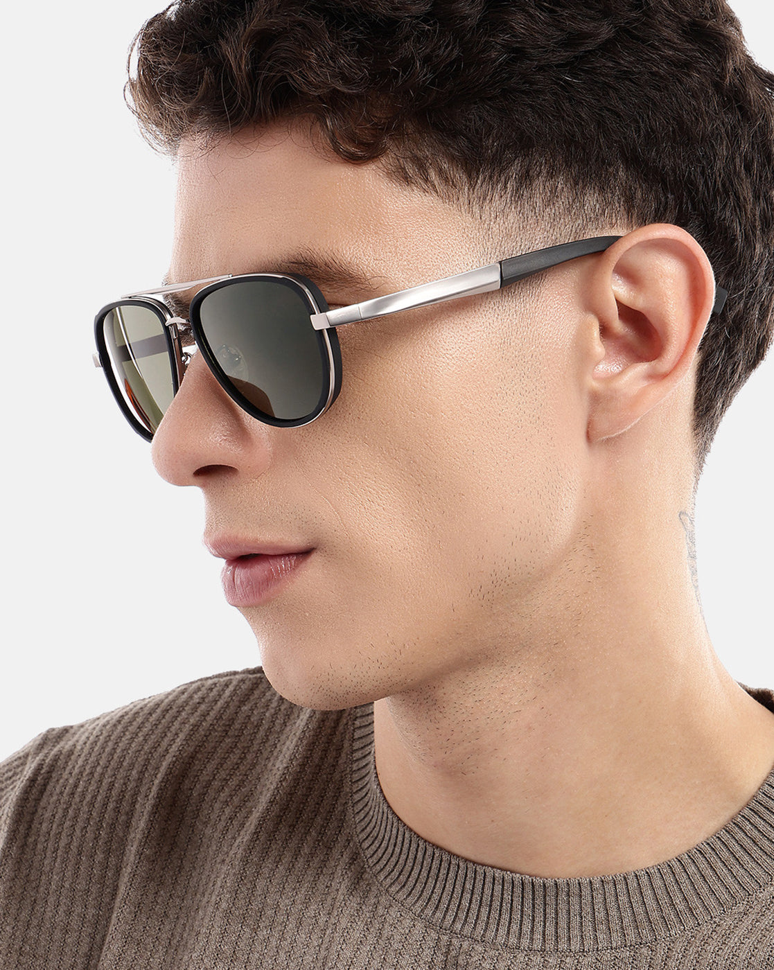 Unisex Premium Silver & Black Toned Green UV with Polarised Lens Aviator Sunglass