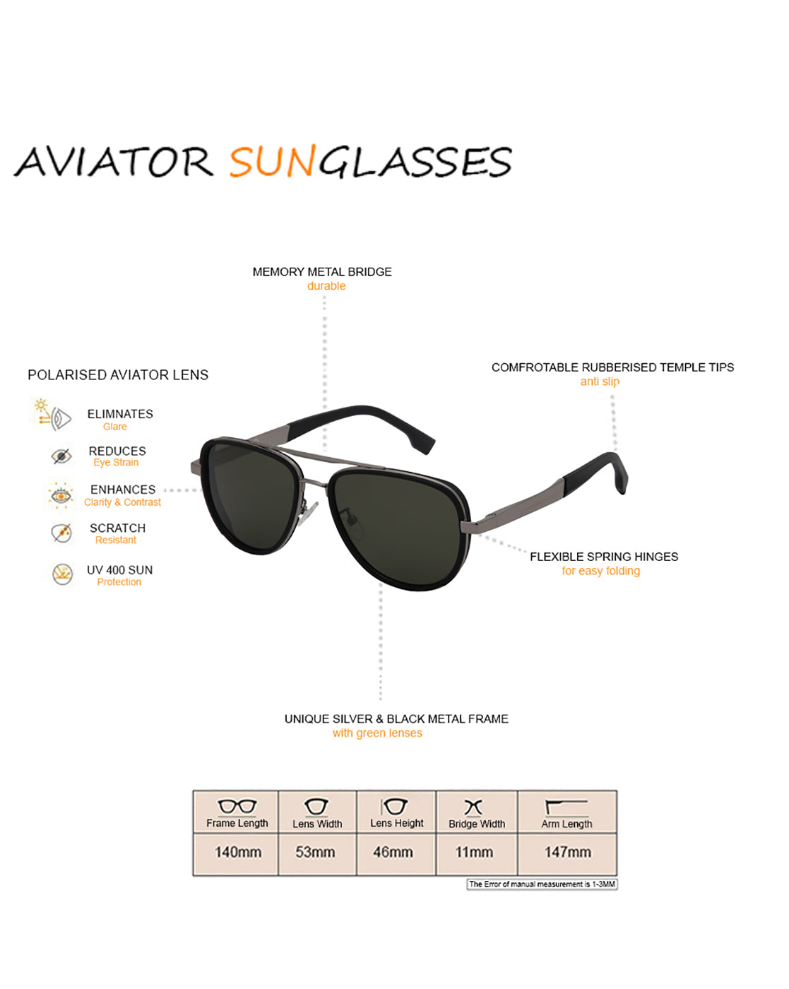 Unisex Premium Silver & Black Toned Green UV with Polarised Lens Aviator Sunglass