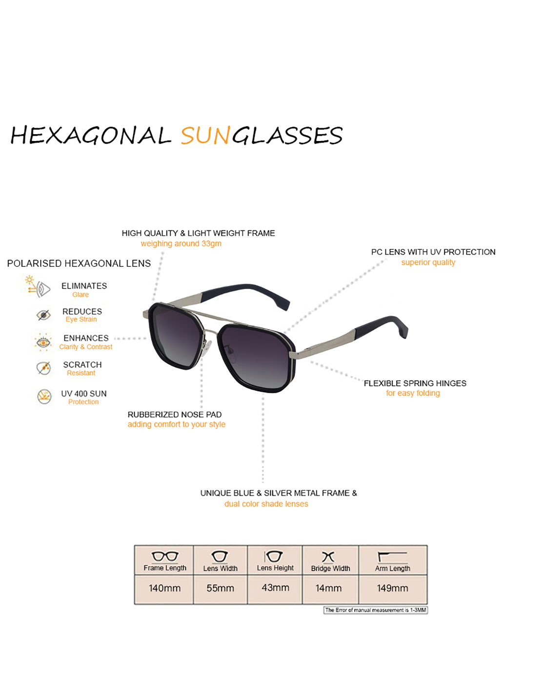 Unisex Premium Silver & Blue Toned Grey UV with Polarized Lens Square Sunglass