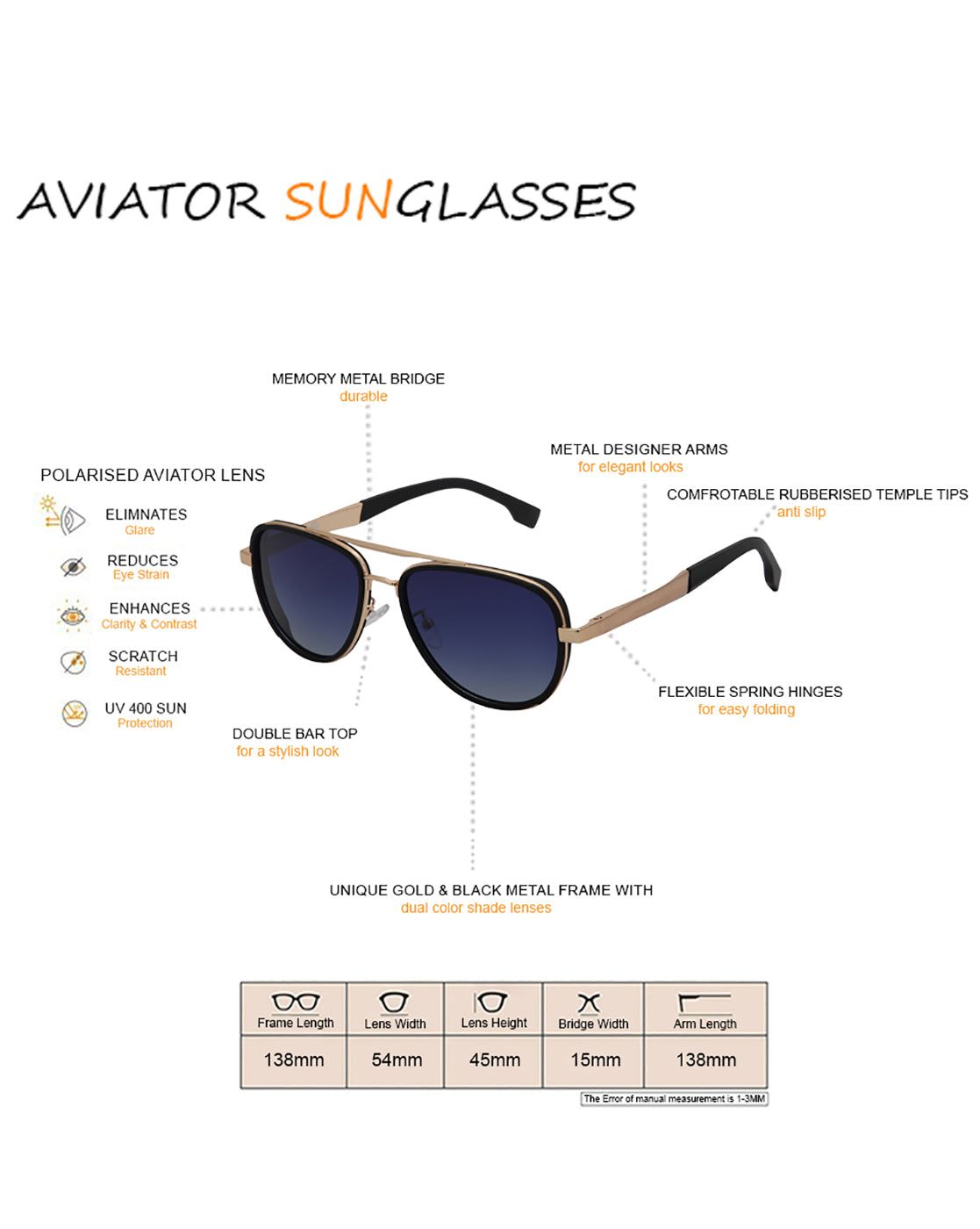 Unisex Premium Rose Gold & Black Toned Blue UV with Polarised Lens Aviator Sunglass