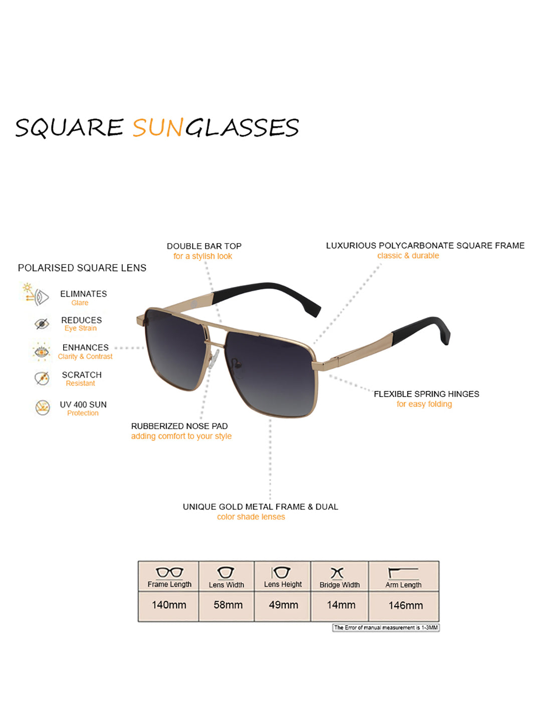 Unisex Premium Rose Gold & Black Toned Grey UV with Polarized Lens Square Sunglass