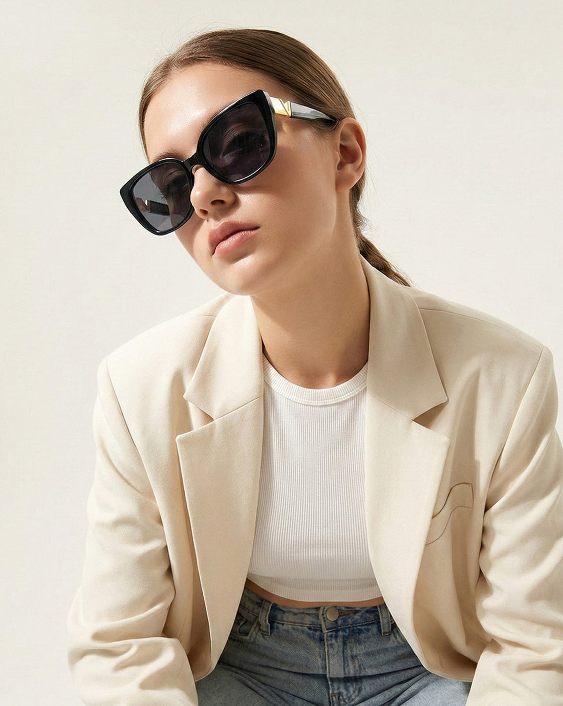 Women UV Protected Black Lens Grey and Gold Toned Rectangle Sunglasses