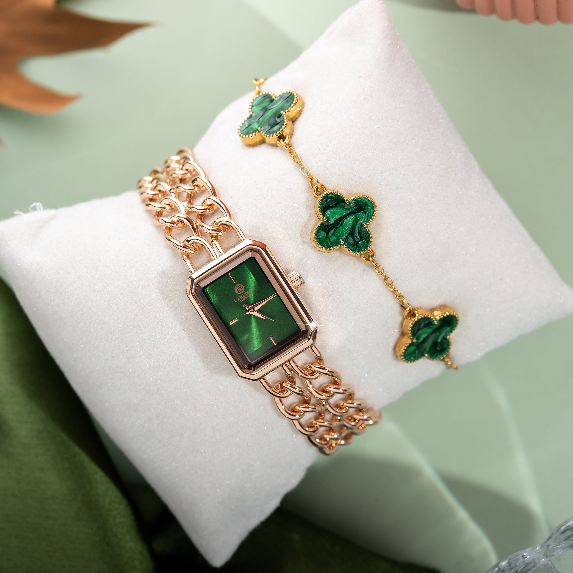 Women Gift Set Of 2 Victoria Green Dial Watch + Bracelet CLPLG077