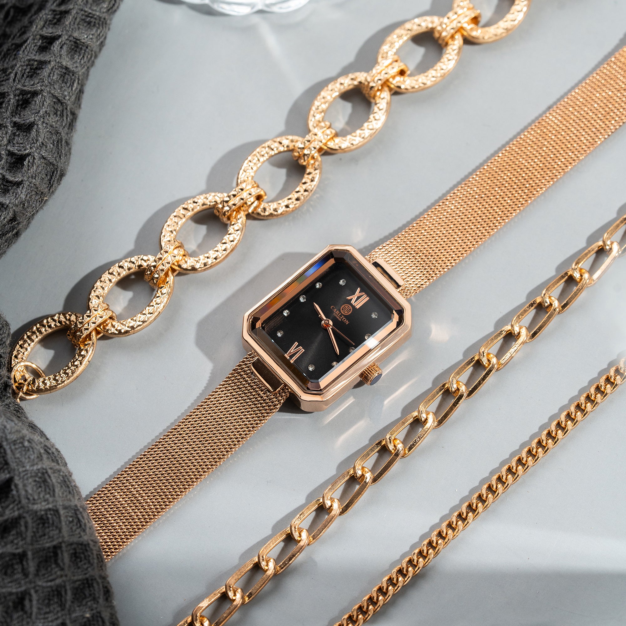 Women Gift set Of 4 Black Dial Watch + 3 Bracelets CLPLG078
