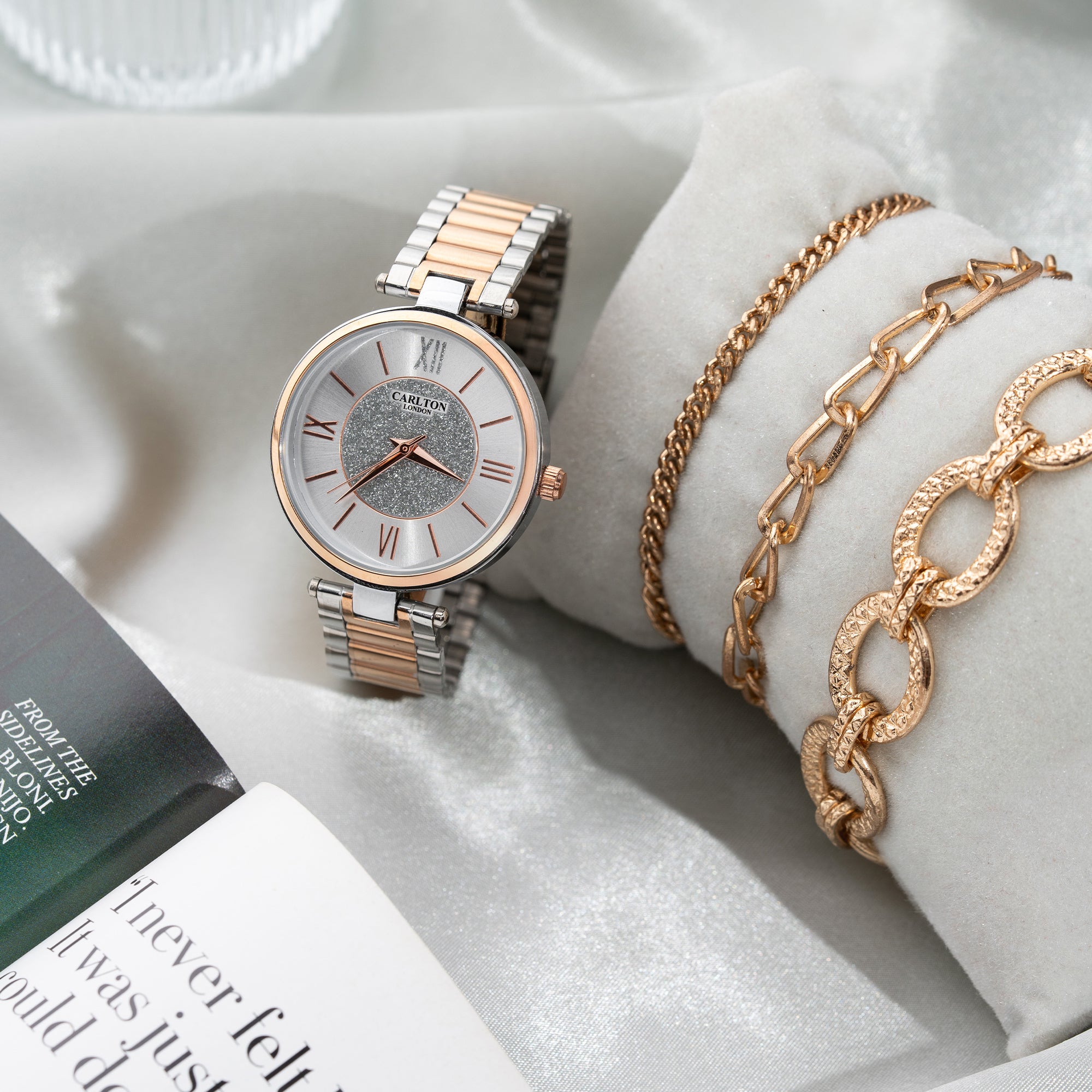 Women Gift Set Of 4 Silver Dial Watch + 3 Bracelets CLPLG079