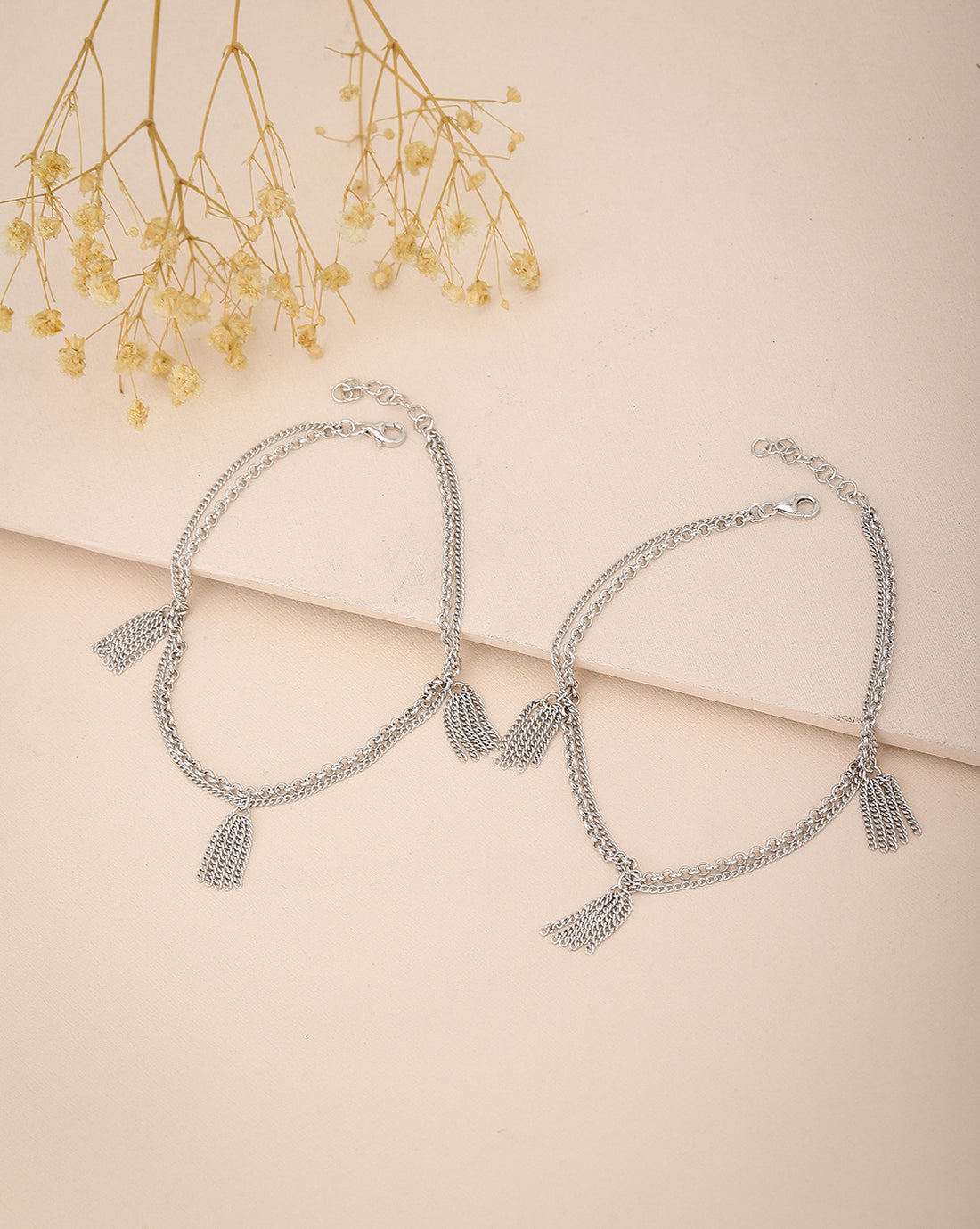 Carlton London Rhodium-Plated Silver Toned Charm Pack Of 2 Anklet For Women