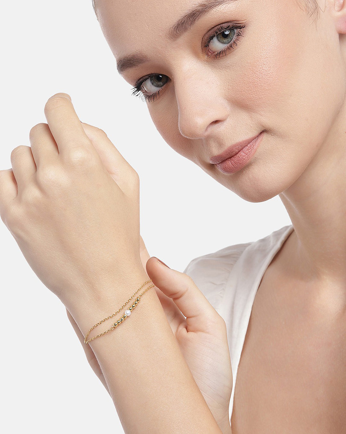 Carlton London 18Kt Gold Plated Double Layer Bracelet With Gold Beads & Pearl