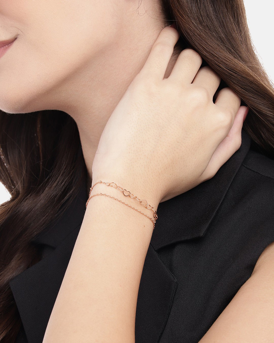 18kt Rose Gold Plated Heart Double Chain Charm Bracelet for women