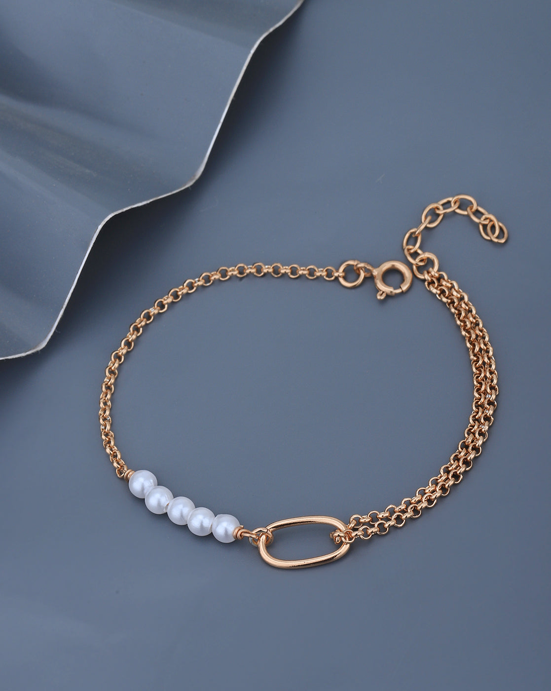 18kt Rose Gold Plated with Pearl Double Chain Charm Bracelet for women