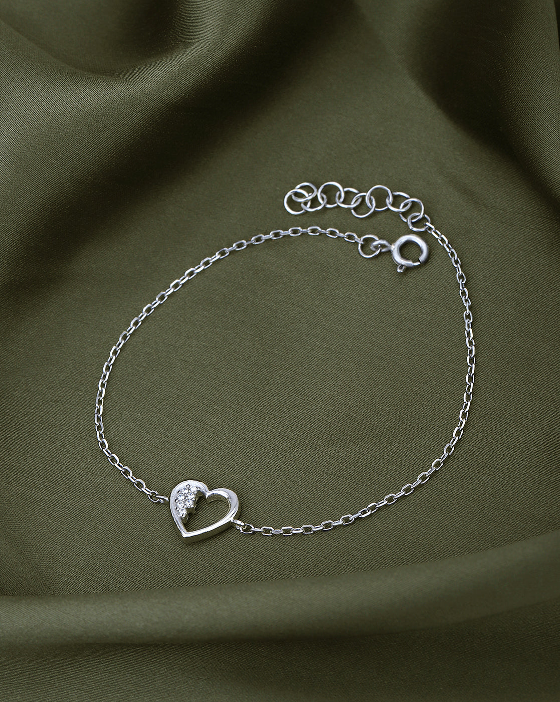 Rhodium Plated with CZ Heart Charm Bracelet