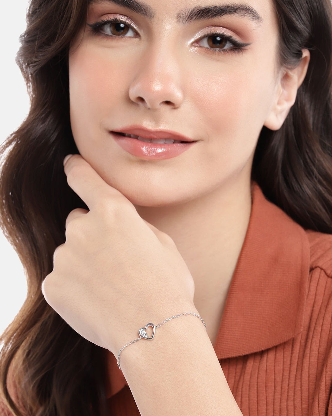 Rhodium Plated with CZ Heart Charm Bracelet