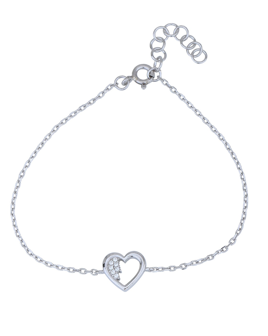 Rhodium Plated with CZ Heart Charm Bracelet