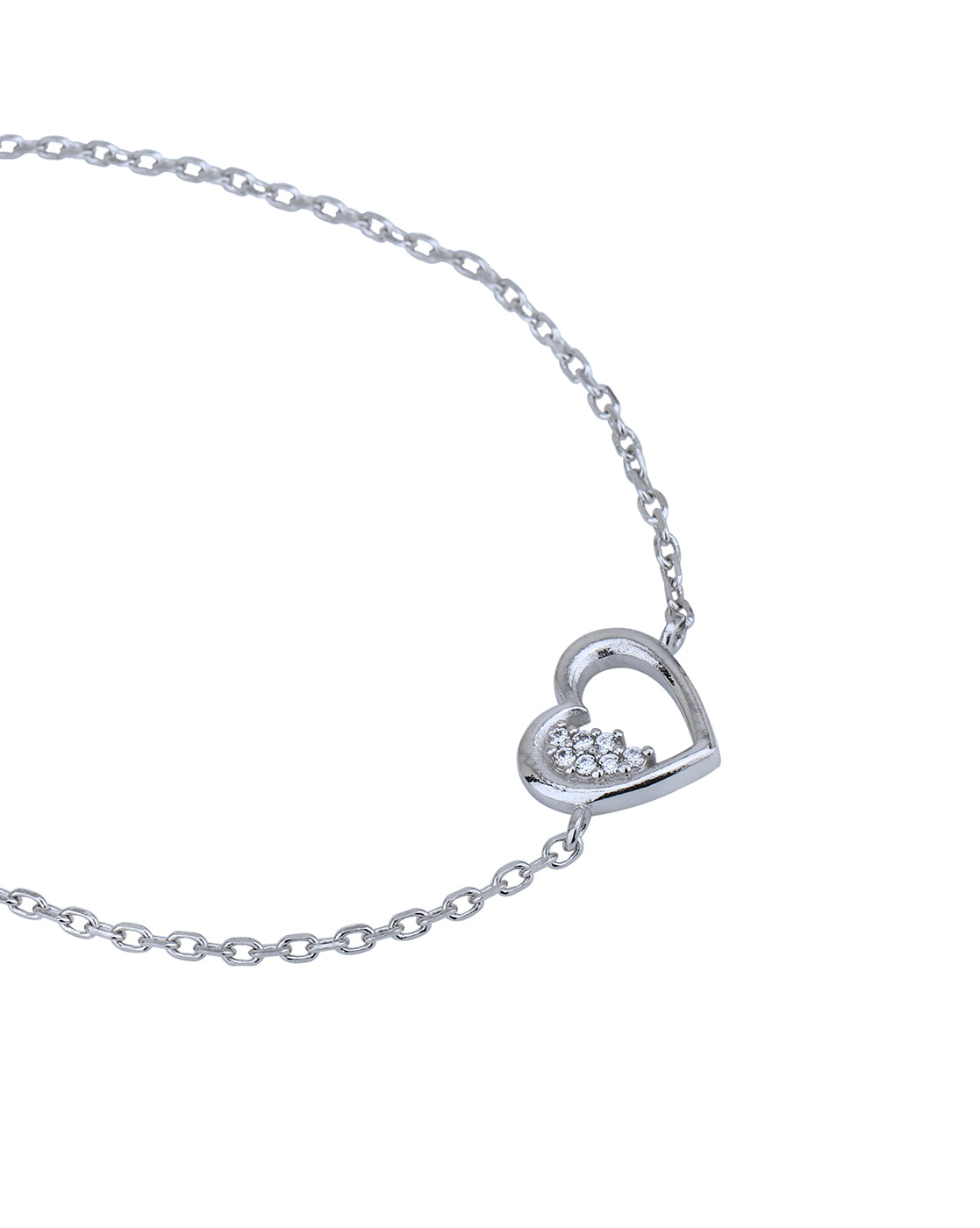 Rhodium Plated with CZ Heart Charm Bracelet